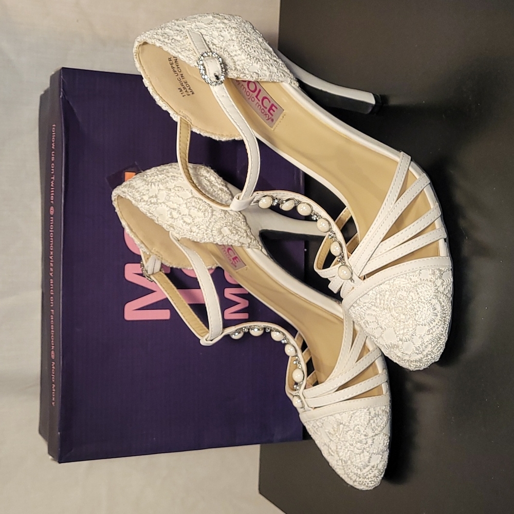 Dolce Bunny White Jeweled T-Strap High Heel Shoes 11M